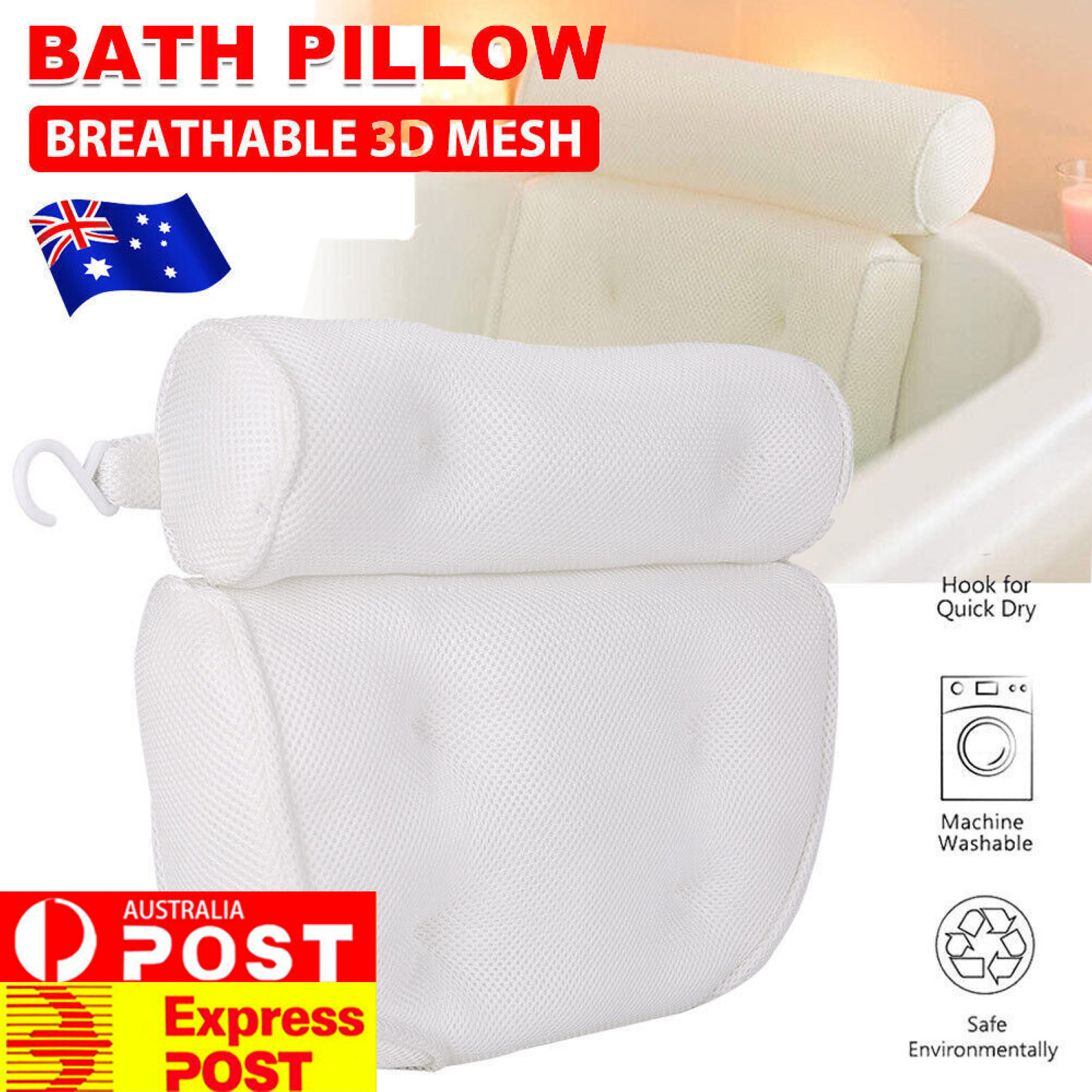 Bath Pillow Bathtub Tub 3D Mesh Suction White Polyester Ergonomic 35cm Washable