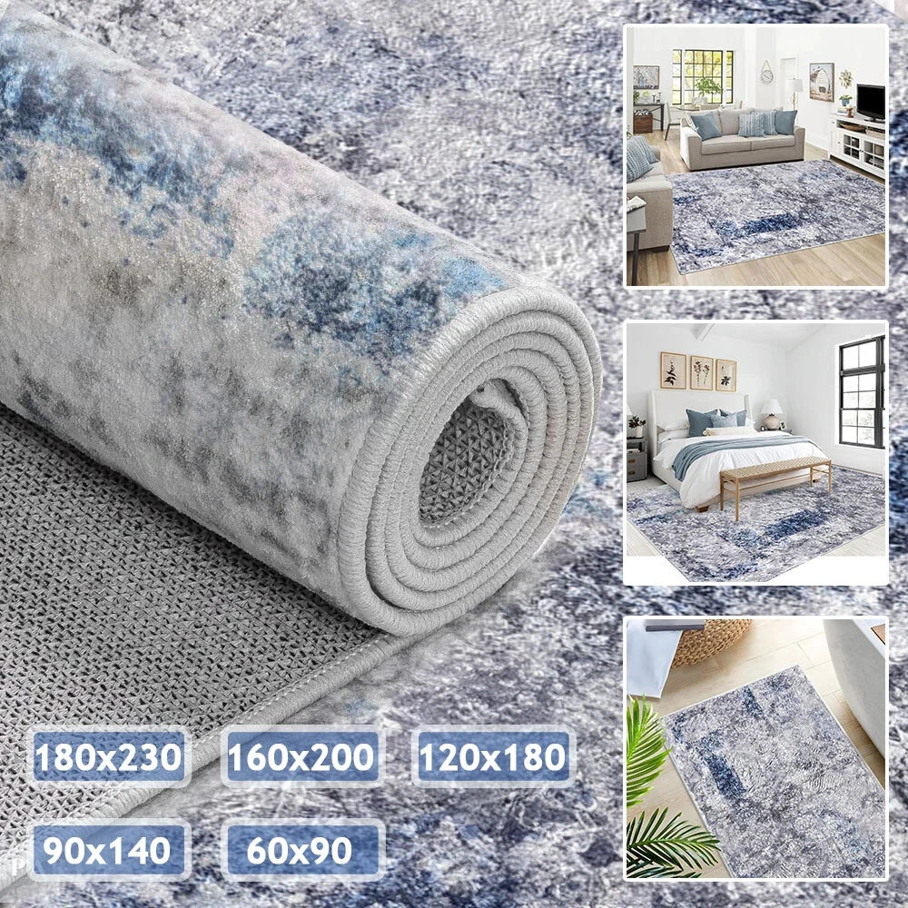 Modern Abstract Area Rug Grey Blue 60x90cm Polyester Low Pile TPR Non-Slip Floor