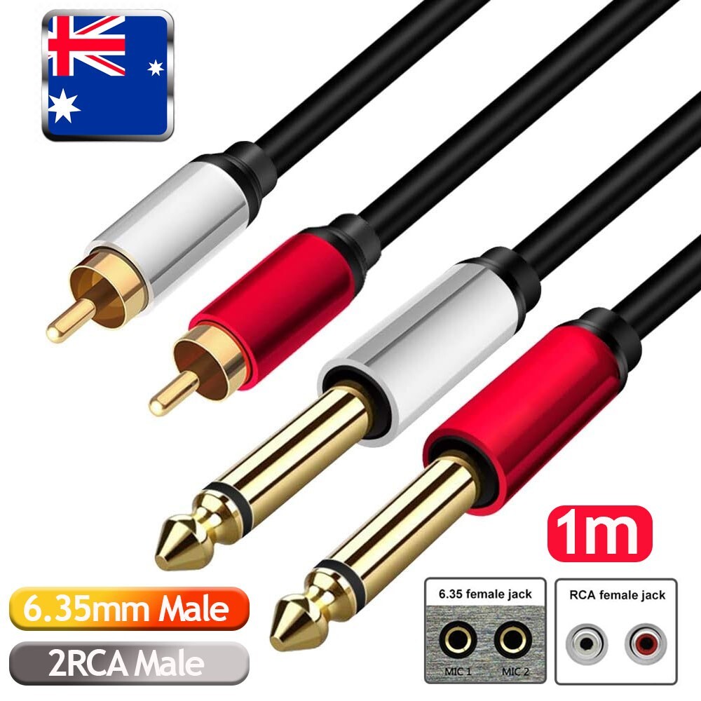 Dual 6.35mm 1/4 TS Mono Male to Dual 2 RCA Male Audio Cable Gold Plated RFI EMI