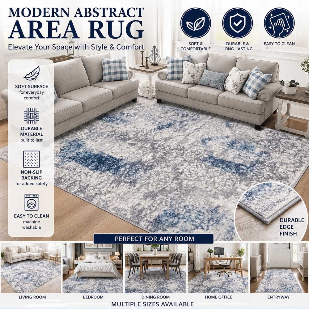 Modern Abstract Grey Blue Area Rug 60x90cm Machine Washable Slip Pile Polyester