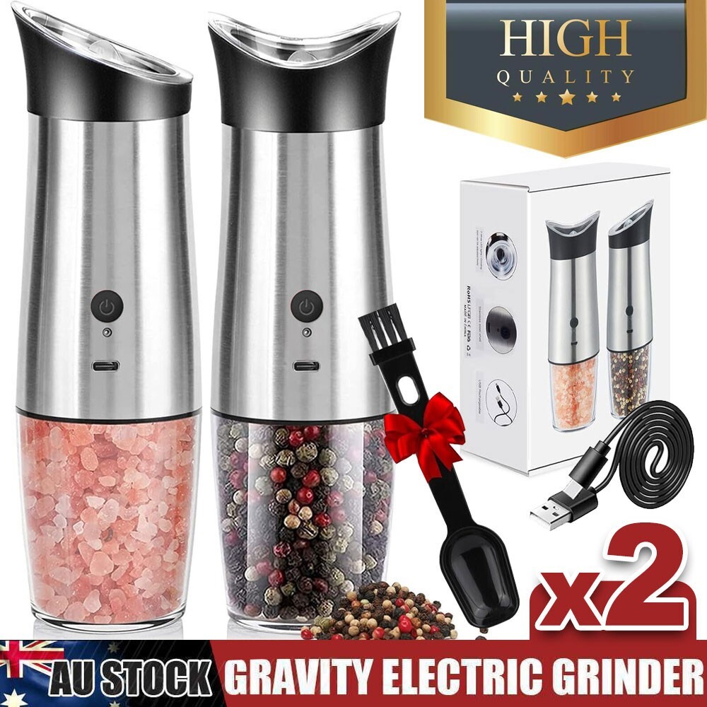 Electric Salt and Pepper Grinder Set 2 USB Rechargeable Automatic Gravity Silver