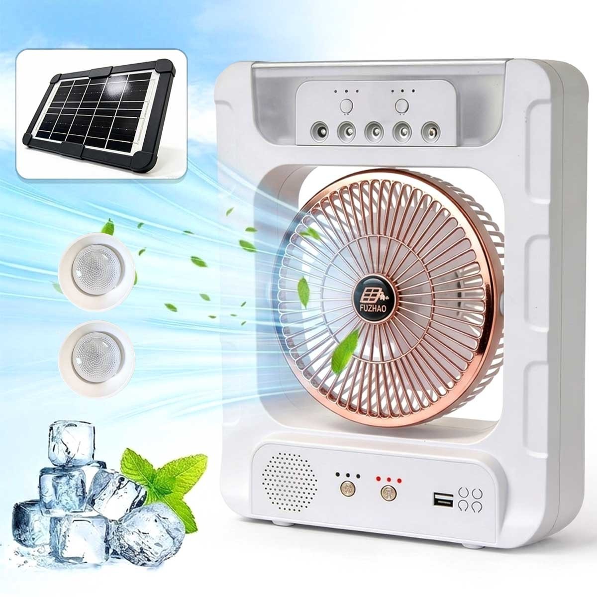 FUZHAO Portable Solar Fan Cooler With Humidifier Bluetooth Speaker 8-inch Light