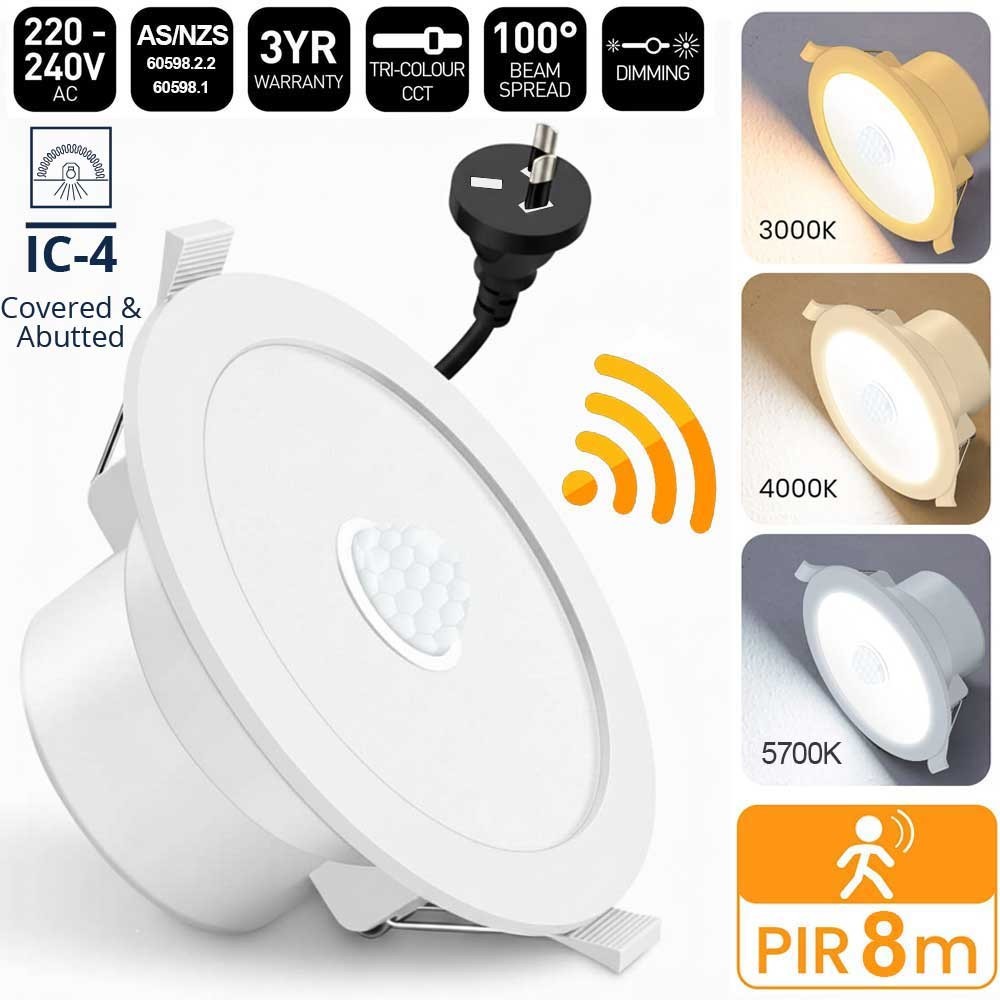 RET Tri-Colour LED Downlight 9W 90mm Cut-out 3000K 4000K 5700K Dimmable IP44 PIR