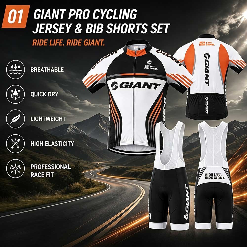 Giant Cycling Jersey Bib Shorts Set Men M Black Road MTB Racing Bike 3D Gel Fit