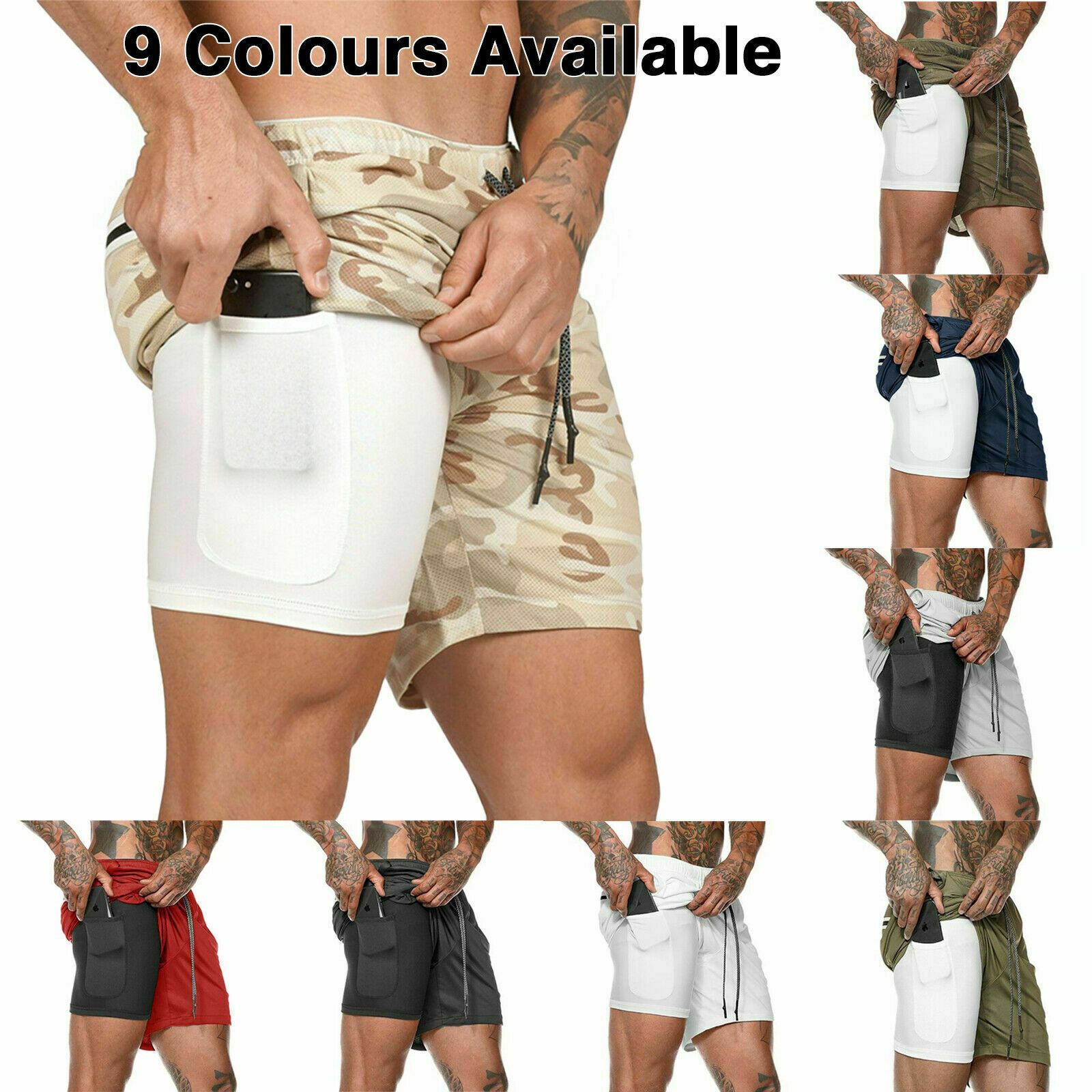 GYMSHARK DK-04 Mens 2 in 1 Shorts Camouflage Running Gym Phone Pocket Mesh Liner