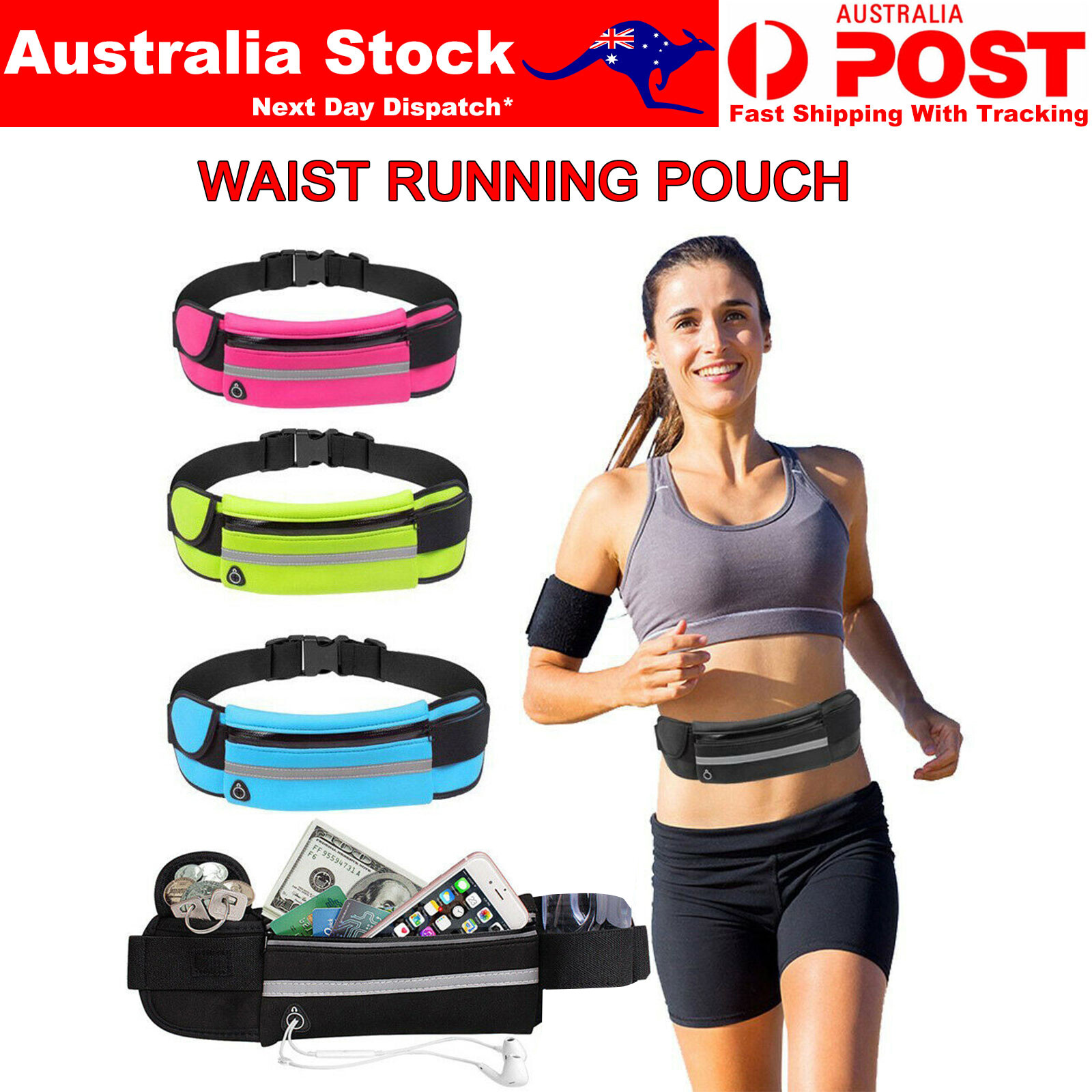 Running Waist Bag 3 Black Adjustable Size Nylon 3M Reflective Stripes Zip Pouch