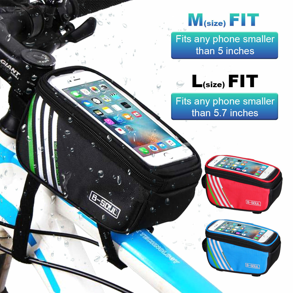 B-SOUL Bicycle Front Tube Bag Phone Holder Waterproof 600D Polyester Case Blue