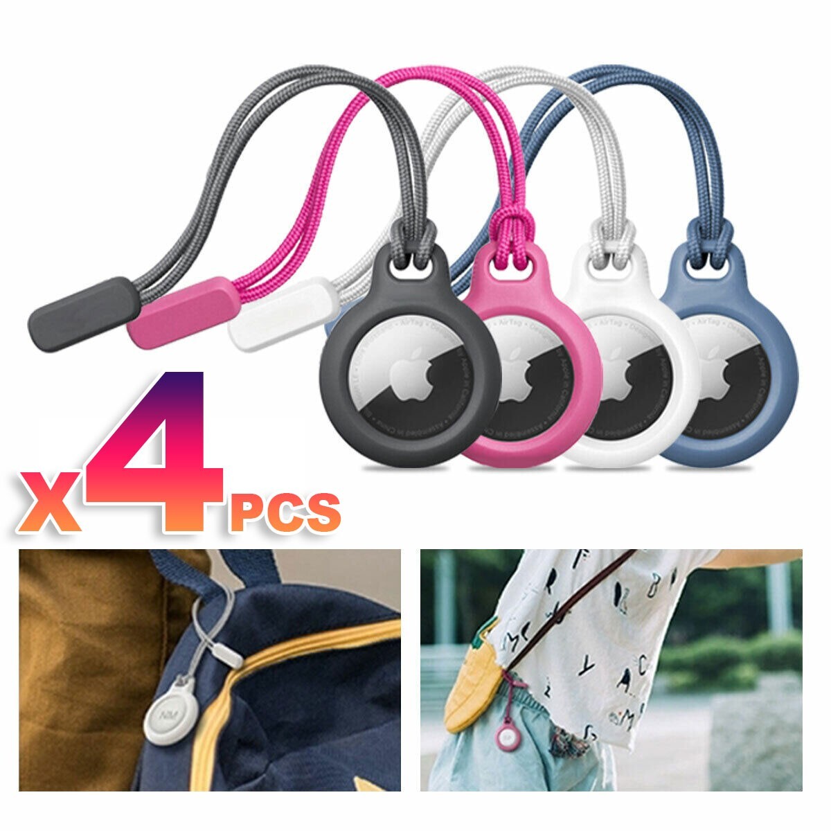 x4Packs Apple AirTag Lanyard Case Keychain Silicone Protective Cover For Keys Au