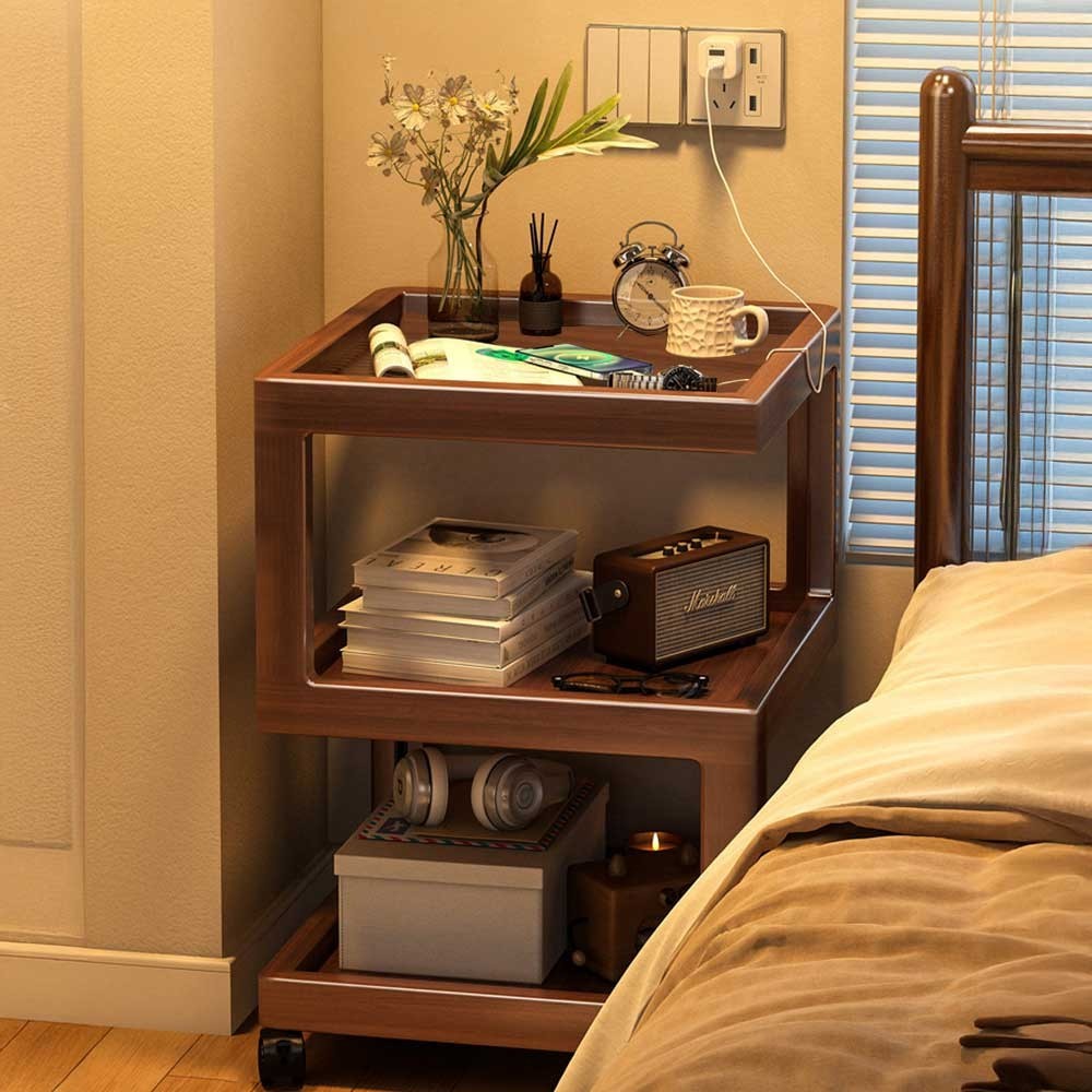 3-Tier MDF Bedside Table 40cm Trolley Coffee Side Table Open Shelves Wheels Sofa