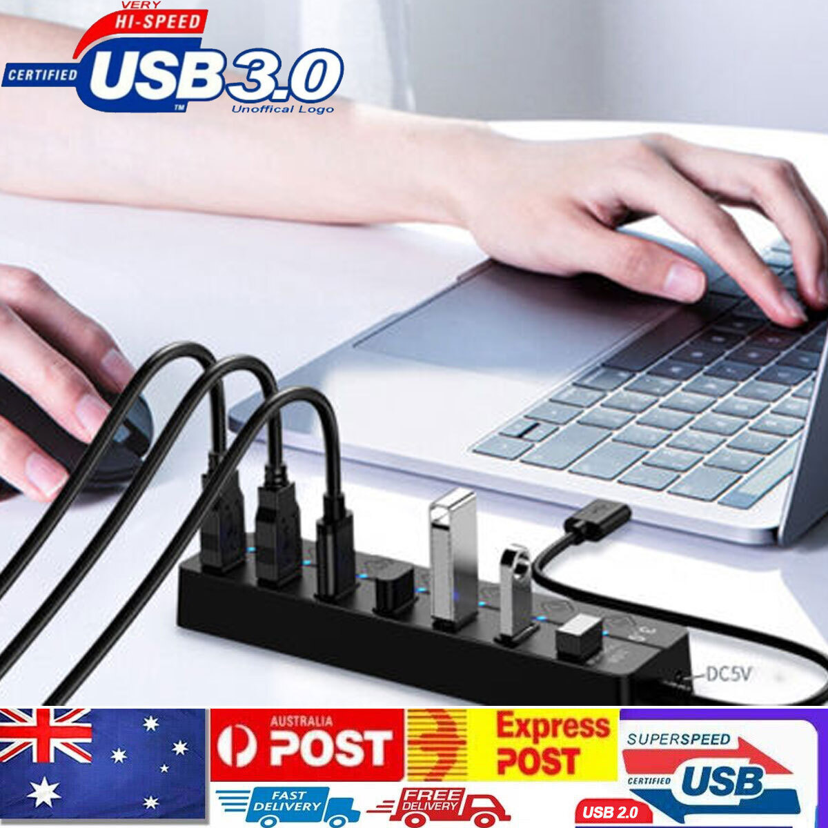 4 Port USB 3.0 Hub 5Gbps Adapter Black LED Switches PC Laptop Mac Desktop 20cm