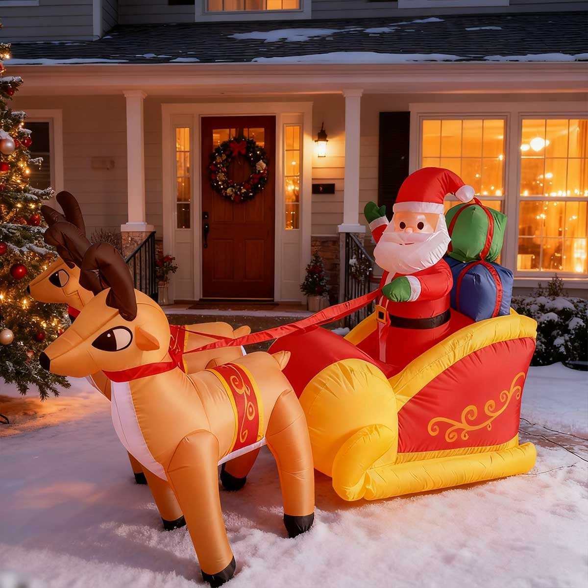 Christmas Inflatable Santa Claus with Two Reindeer LED Lights Outdoor Gold Scene