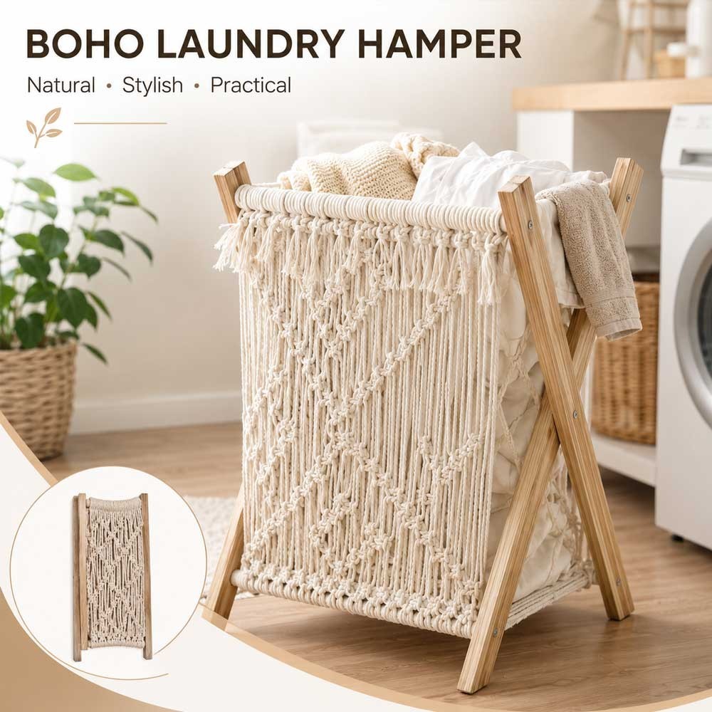 Laundry Hamper Foldable Cotton Rope Basket Wooden Frame 60 cm Natural Boho Style