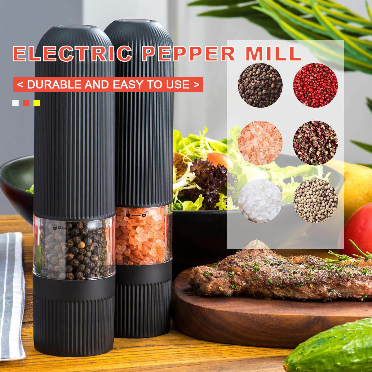 ZX-D38 Electric Salt Pepper Grinder Twin Pack Ceramic Adjustable Black LED Light