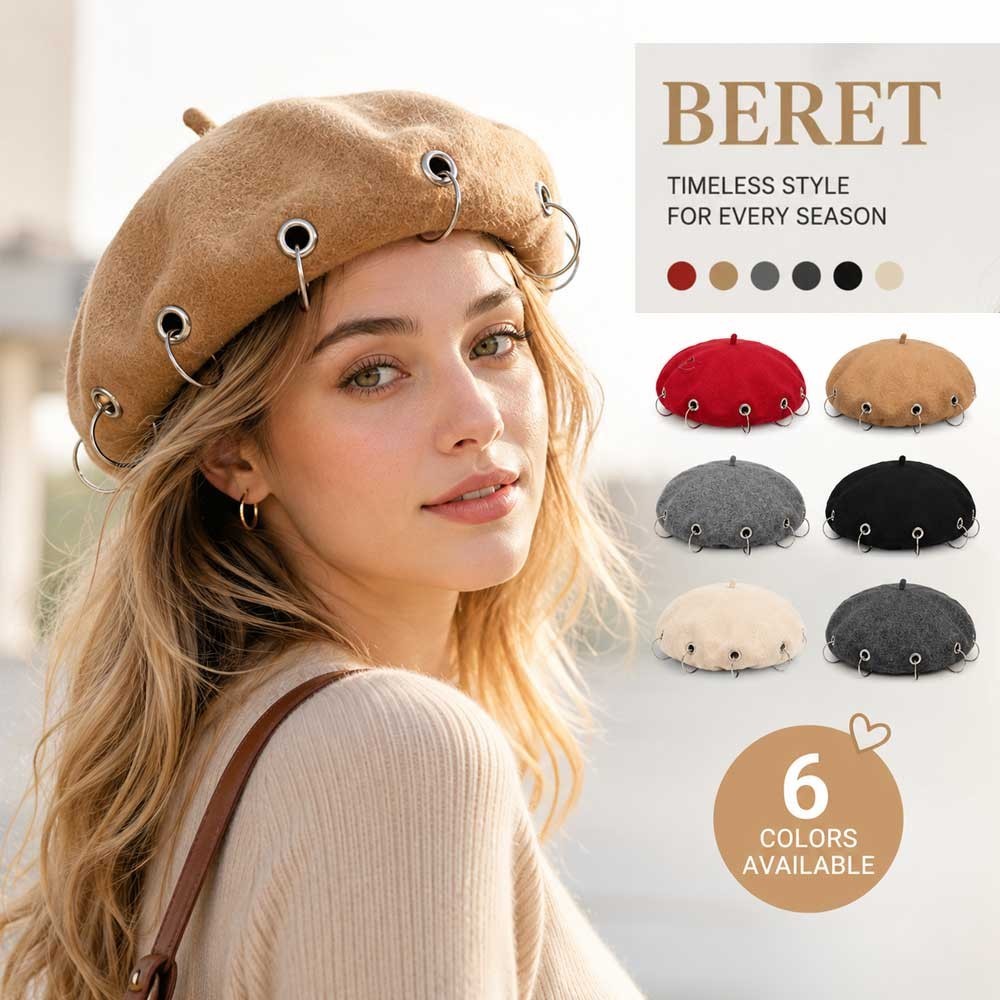 Women&apos French Beret Hat Wool Blend Black Winter Autumn Vintage Buckle Casual
