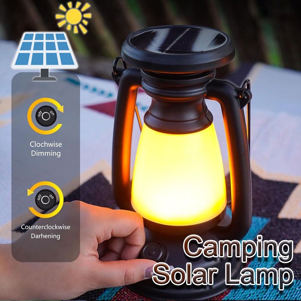 Outdoor Solar USB Rechargeable Vintage Camping Lantern LED Light Black IPX6 Hook
