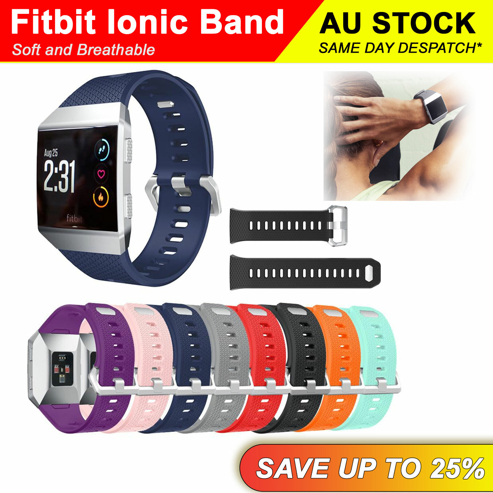 Fitbit Ionic Replacement Silicone Watch Wrist Band Strap 22mm Large Black Soft