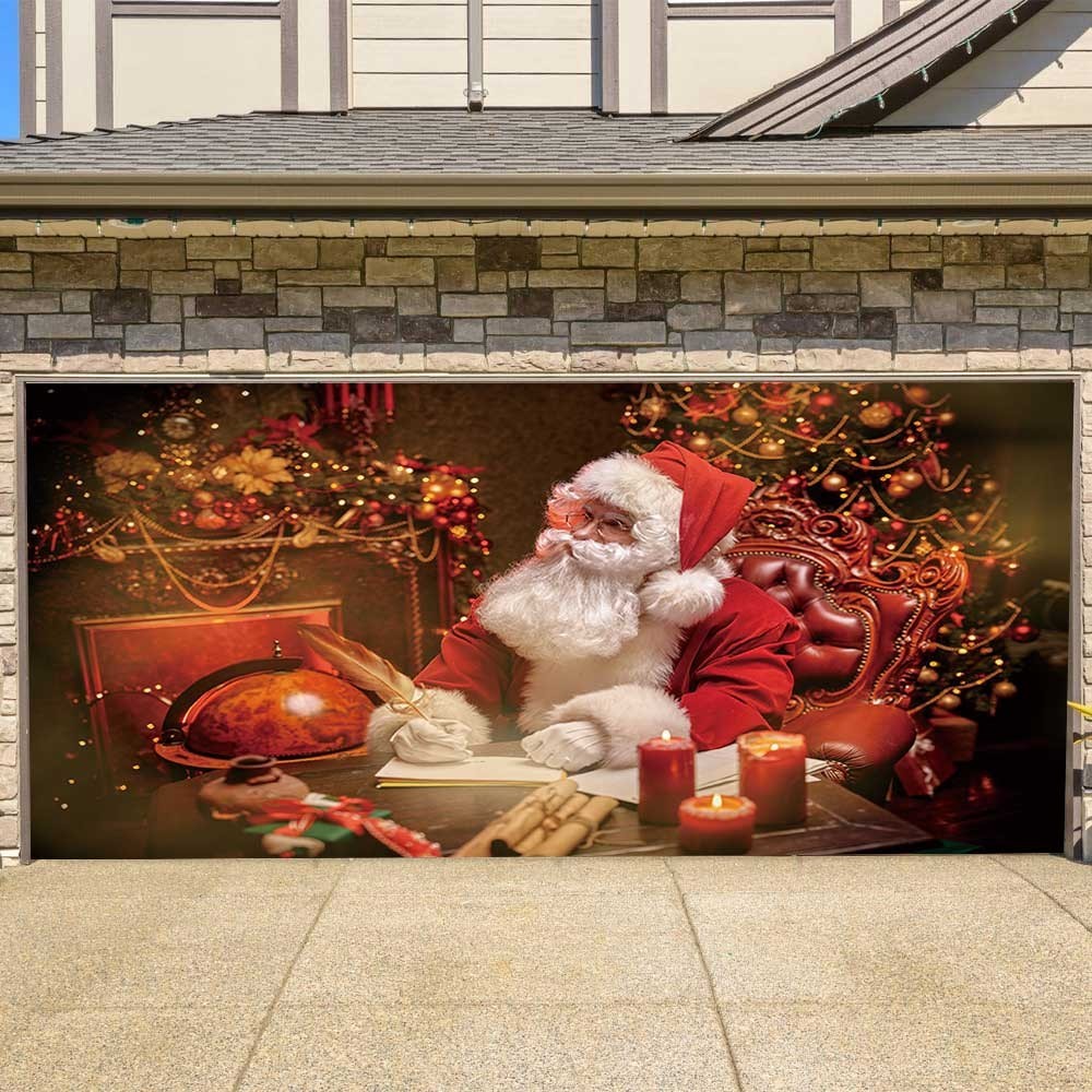 Christmas Garage Door Banner 180cm x 240cm Polyester Fabric Santa Claus Xmas Eve