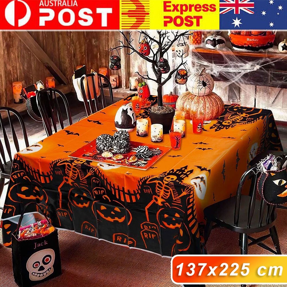 Halloween Tablecloth Black Lace Spider Web Rectangle Orange Polyester Waterproof
