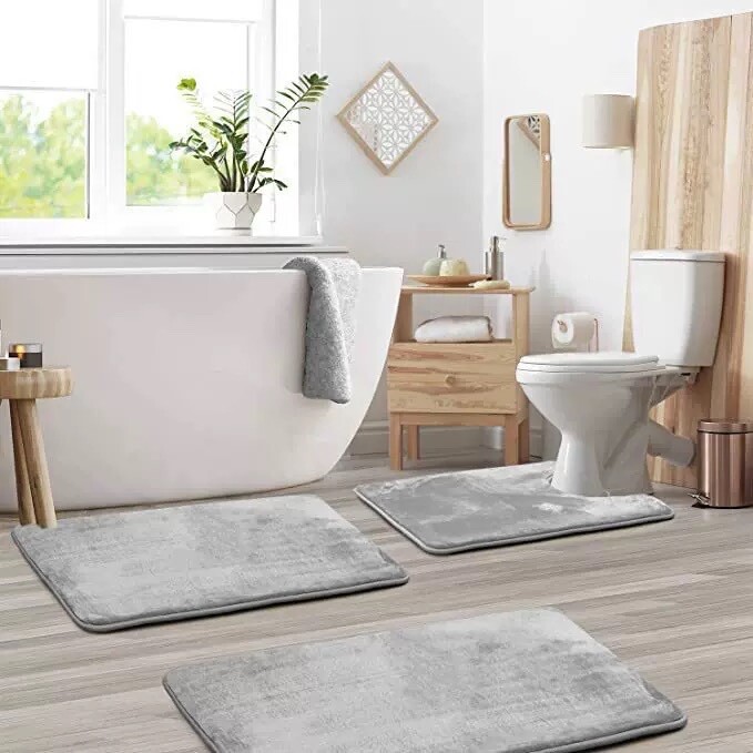 3Pcs Bathroom Floor Mat Set Anti-Slip Toilet Rugs Memory Foam Grey Bath 17 Inch