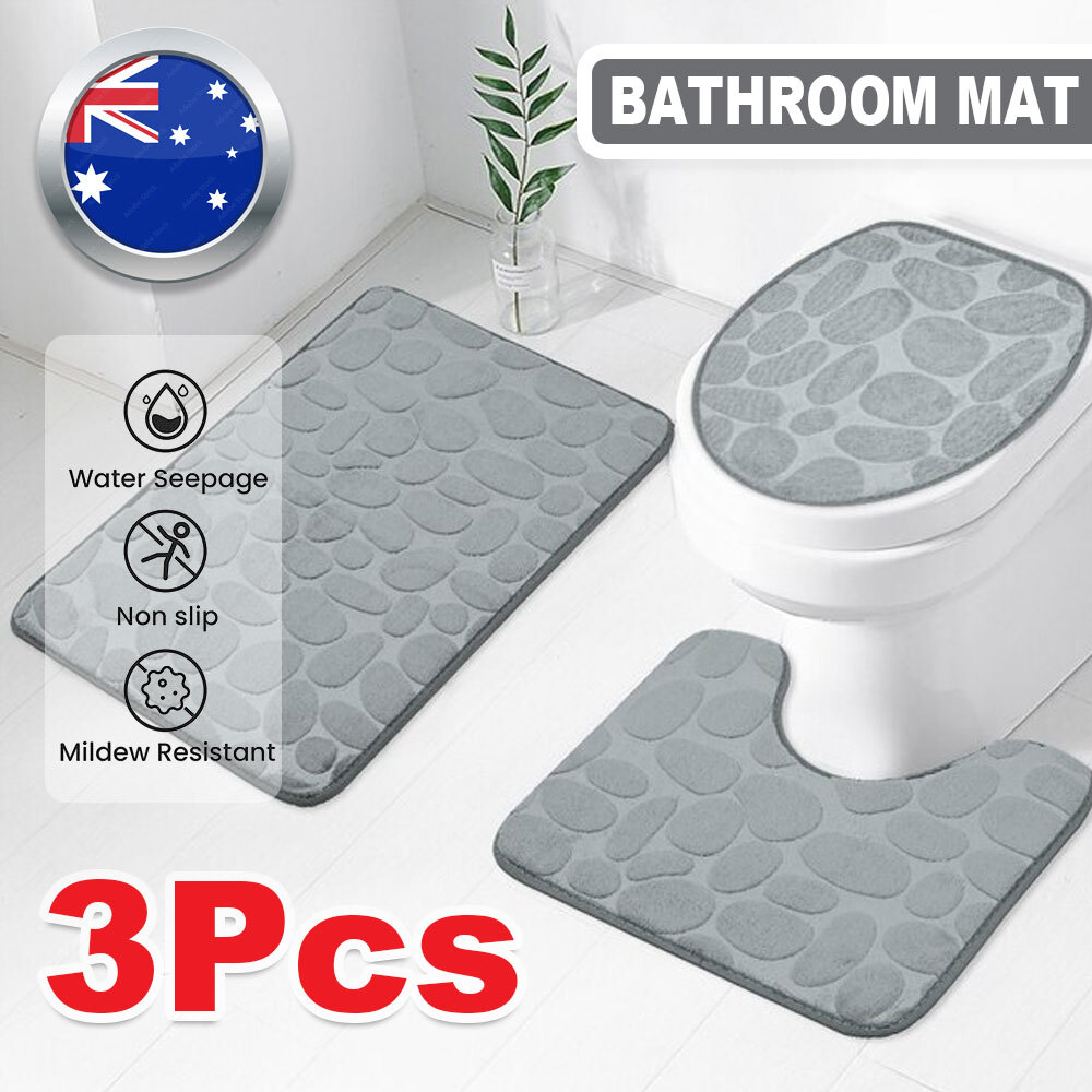 Set 3 Grey Polyester Bathroom Bath Mat Anti-Slip Water Absorbent Dry 80cm 50cm