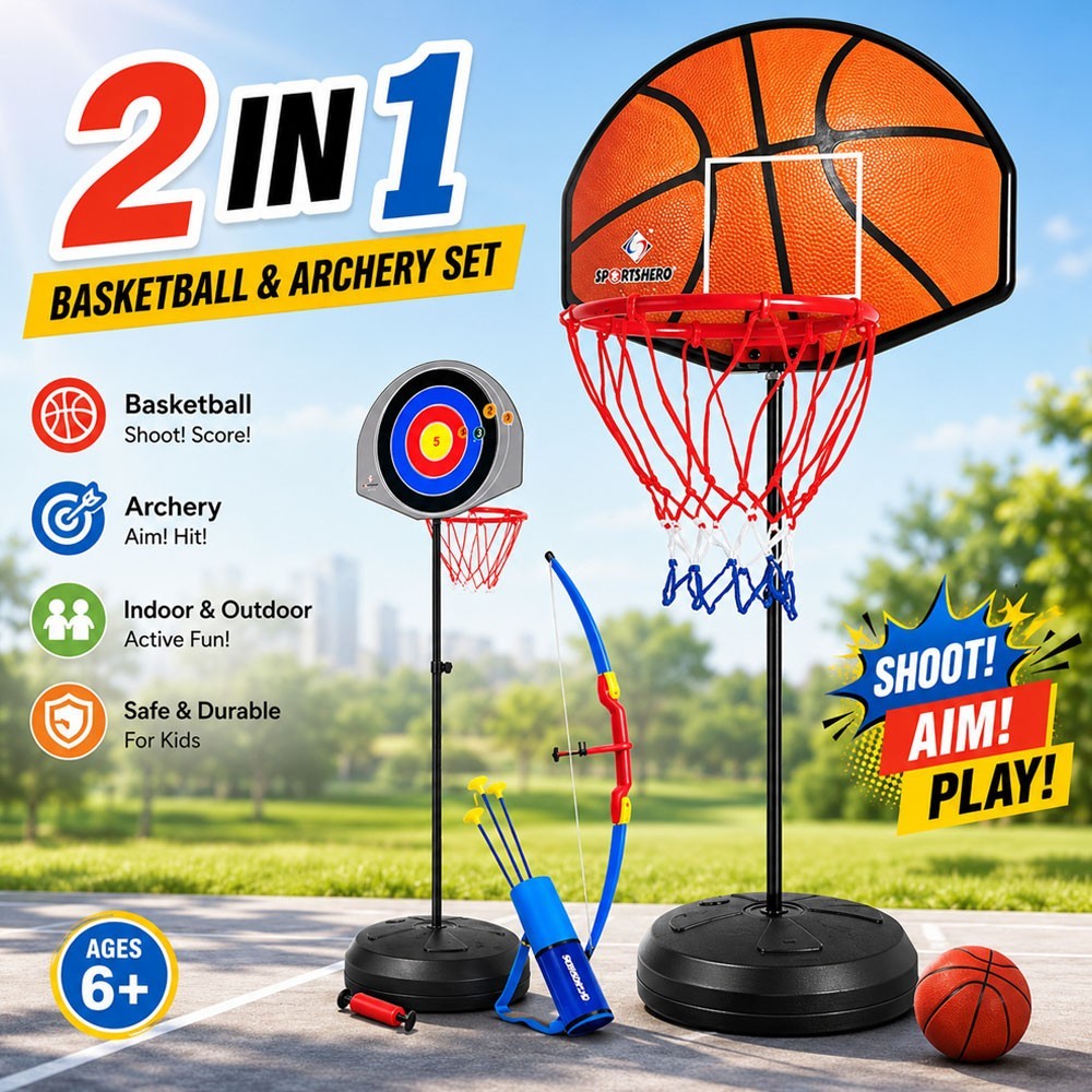 2 in 1 Kids Basketball Hoop & Archery Set Adjustable Height 150cm 175cm Indoor