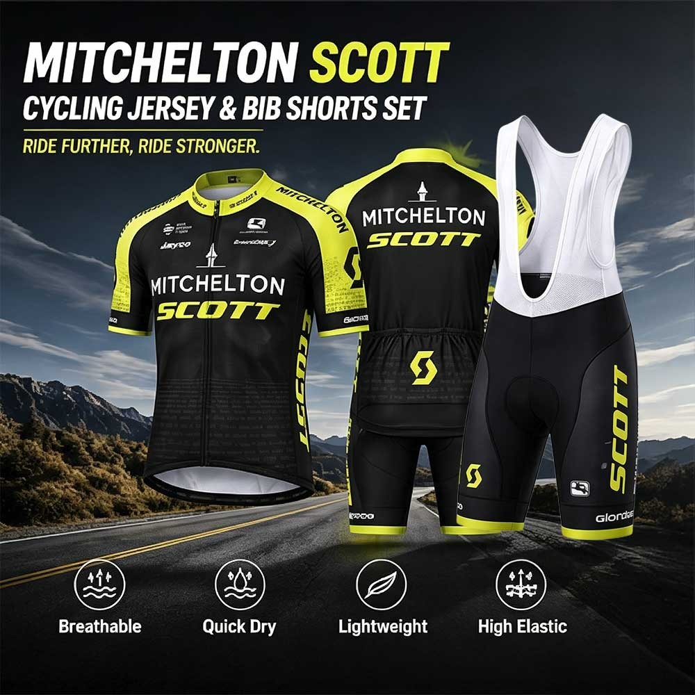 Mitchelton Scott Men Cycling Jersey Set Bib Shorts M Yellow Road MTB 3D Gel Fit