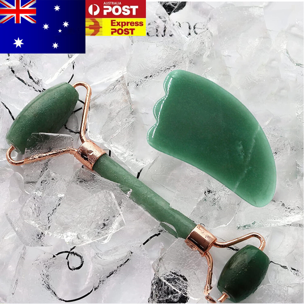 Jade Roller for Face Gua Sha Rose Quartz Scraping Massager Set Green Neck 148mm