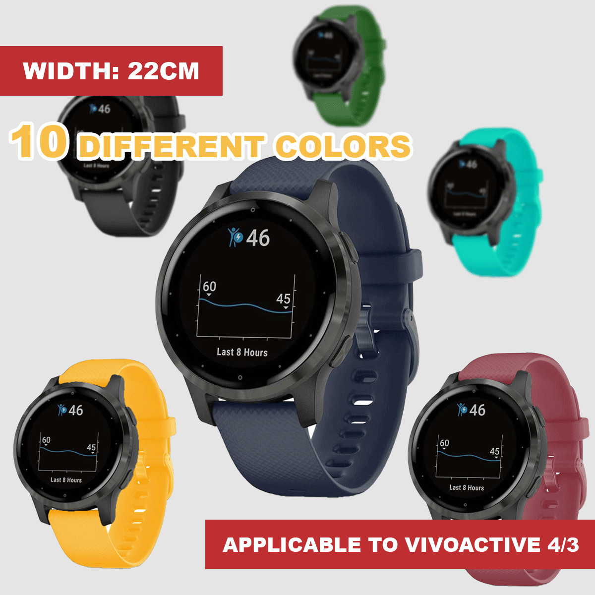 Garmin Forerunner 745 Vivoactive 4 Watch Band Silicone Orange 22mm Sports Wrist