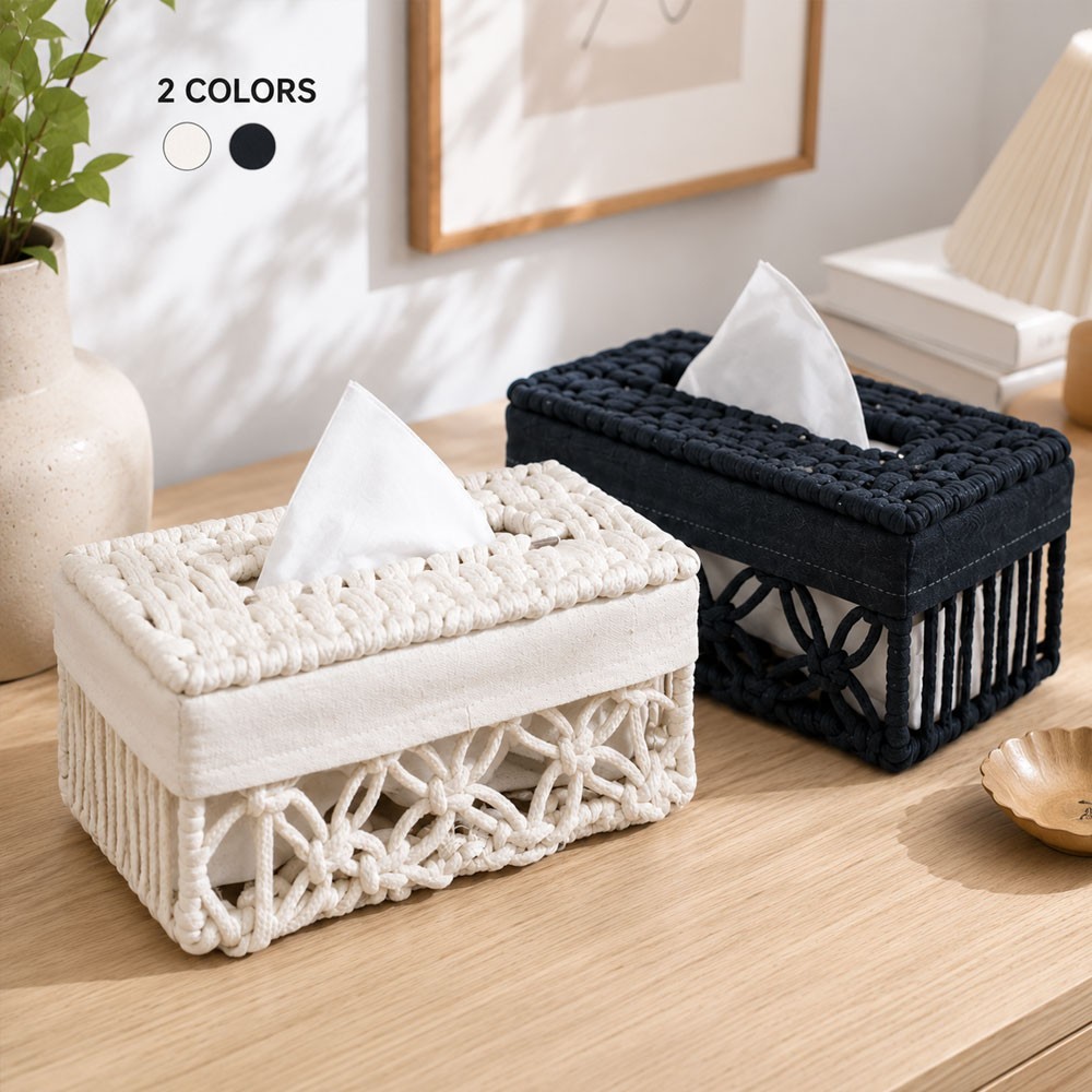 Woven Tissue Box Cover Cotton Rope Holder Black Bathroom Office Decor 25 13 11cm