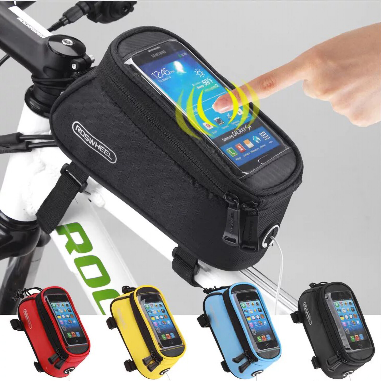 ROSWHEEL 12496L-CA5 Cycling Frame Bag 1L Front Tube Pouch Black/Blue Nylon 600D