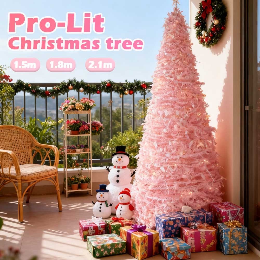 Pink Christmas Tree 1.8m Pop-Up Foldable Pre-Decorated 200 LED Warm White Lights