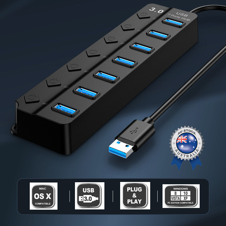 USB 3.0 4 Port Hub 5Gbps 480Mbps 12Mbps LED Black PC Linux Mac High Speed Slim