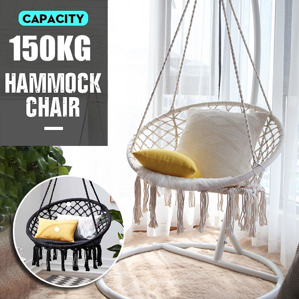 SWING Hammock Chair Macrame Cotton Indoor Outdoor Black 150kg 60cm Tassels Rope