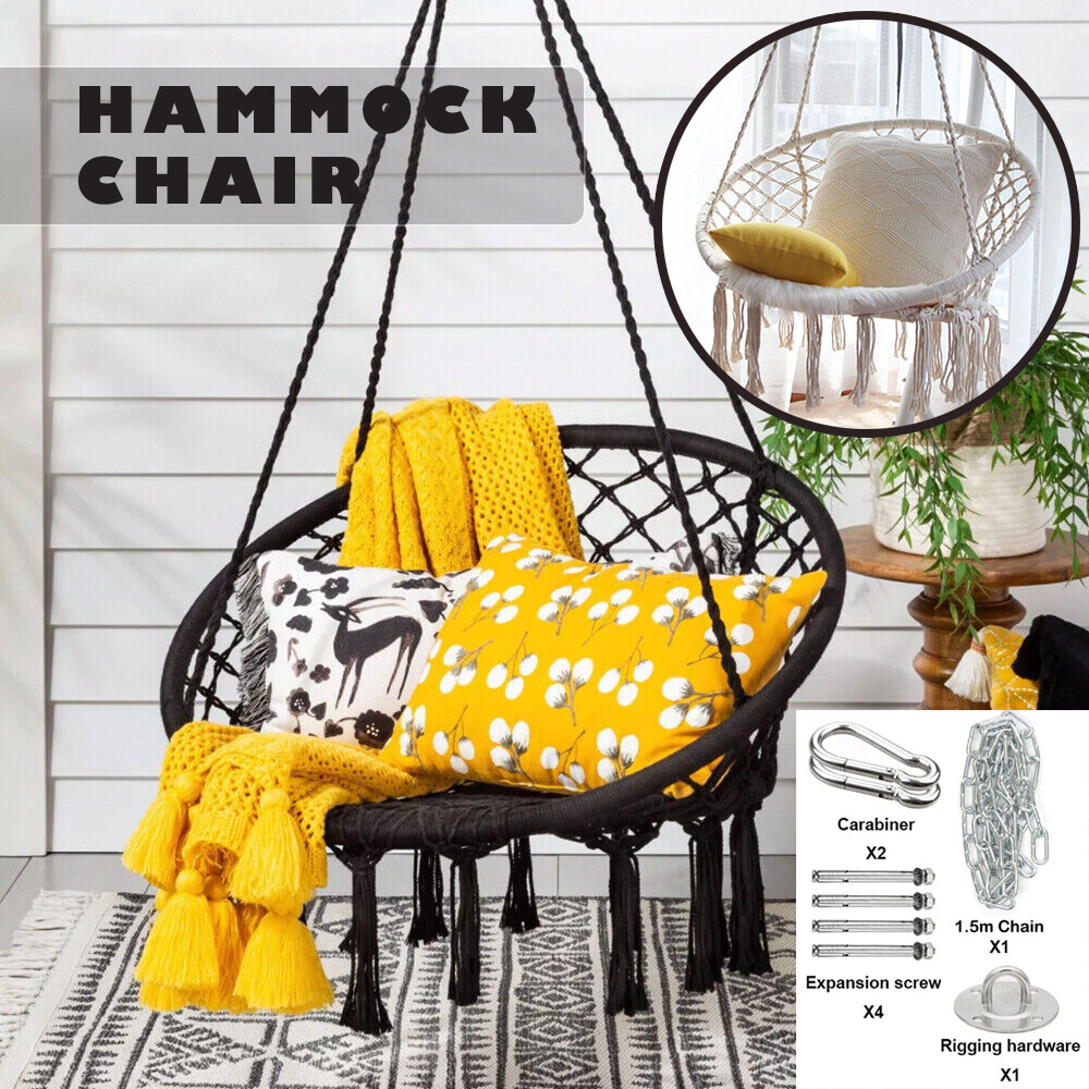 SWING Macrame Cotton Hammock Chair Black Indoor Outdoor 150kg 60cm Tassels Steel