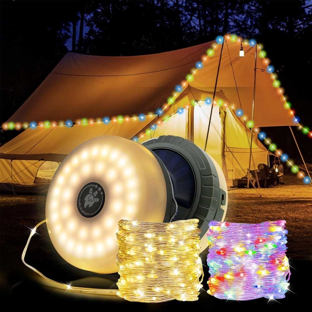 Solar LED Camping String Lights 10m IP44 USB-C Remote Control Warm or Coloured
