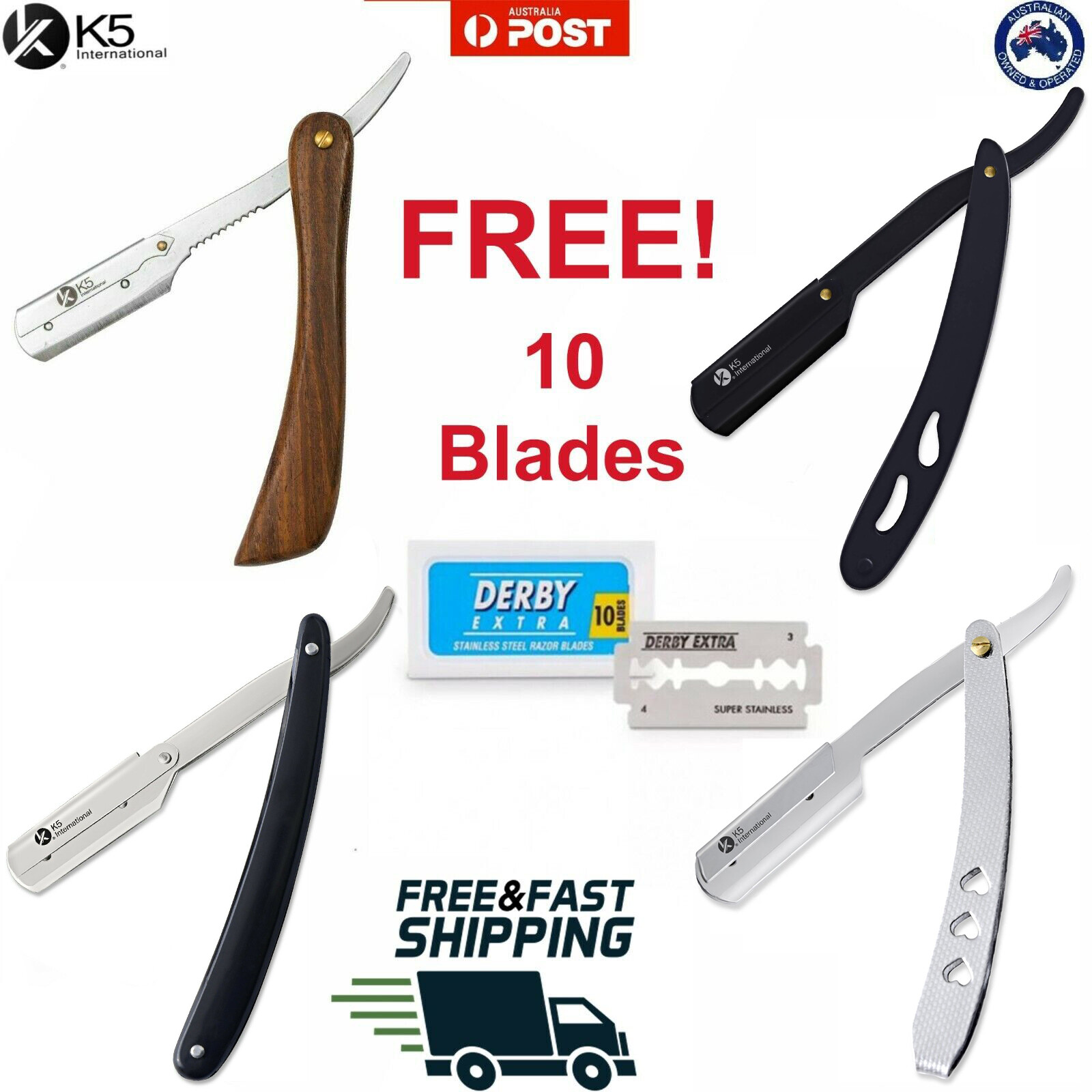 K5 International Straight Cut Throat Shavette Razor Wood Handle 10 Blades Barber