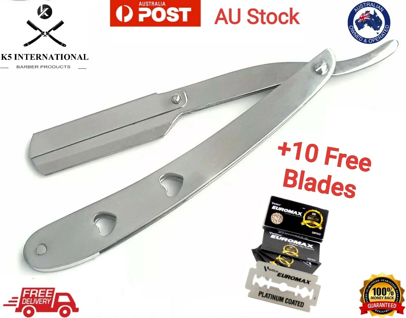 Barber K5 International Throat Razor Shavette Stainless STEEL Silver 10 Blades