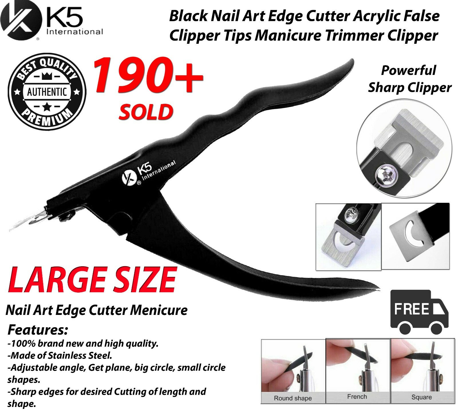 K5 International Nail Tip Cutter Black Japanese Stainless Steel UV Acrylic Poly