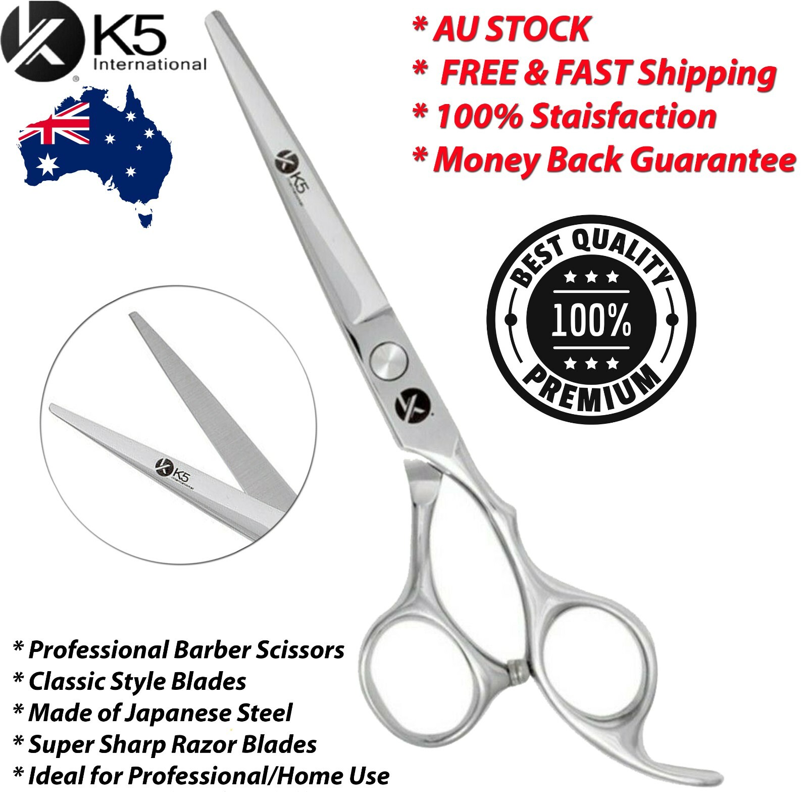 K5 International Barber Hairdressing Scissors Japanese 6.5 Silver Carbon Steel