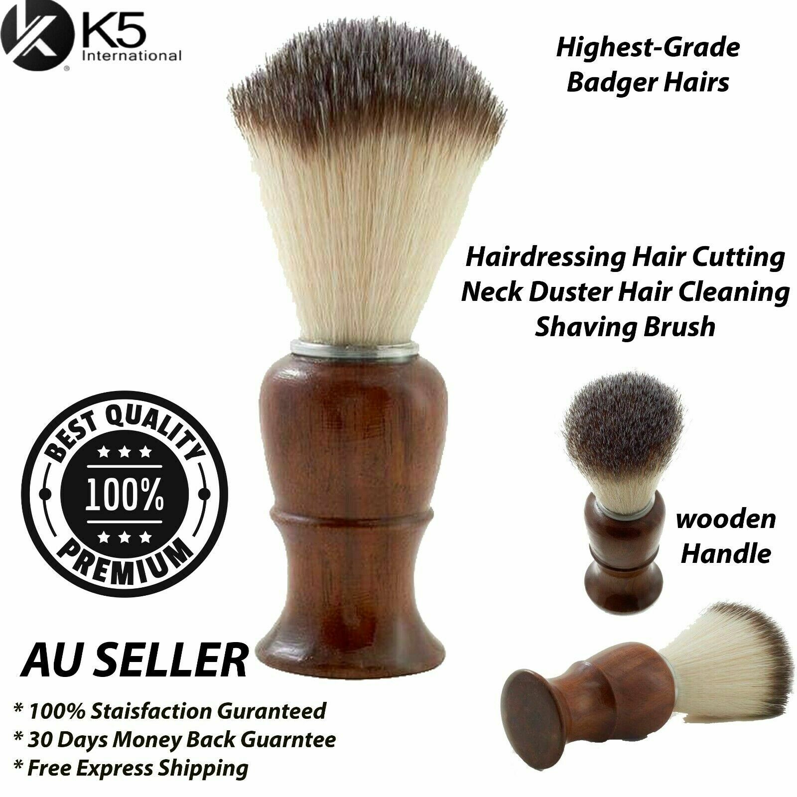 K5 International Neck Duster Wooden Handle Badger Hair Shaving Brush Brown 12 cm