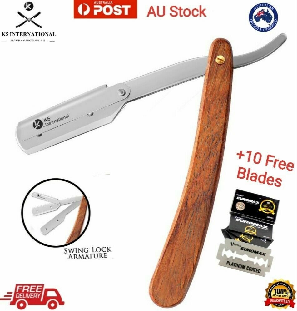 K5 International Straight Razor Shavette Fixed Wooden Handle 10 Blades Barber