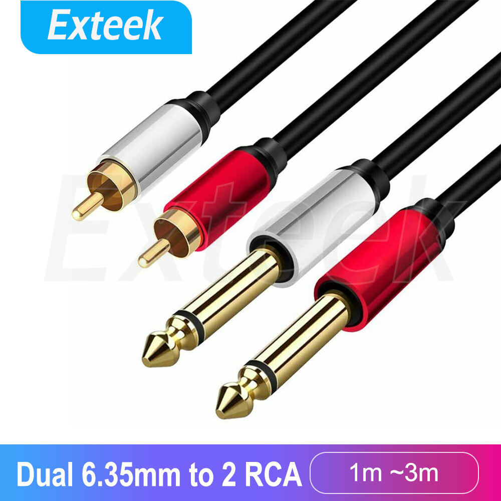 Dual 6.35mm 1/4 TS Mono Male to 2 RCA Stereo Audio Cable 2m Gold Plated OFC