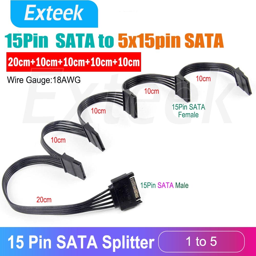 SATA 15 Pin Power 1-to-5 Y-Splitter Cable 1 Male to 5 Female 20cm Black For HDD