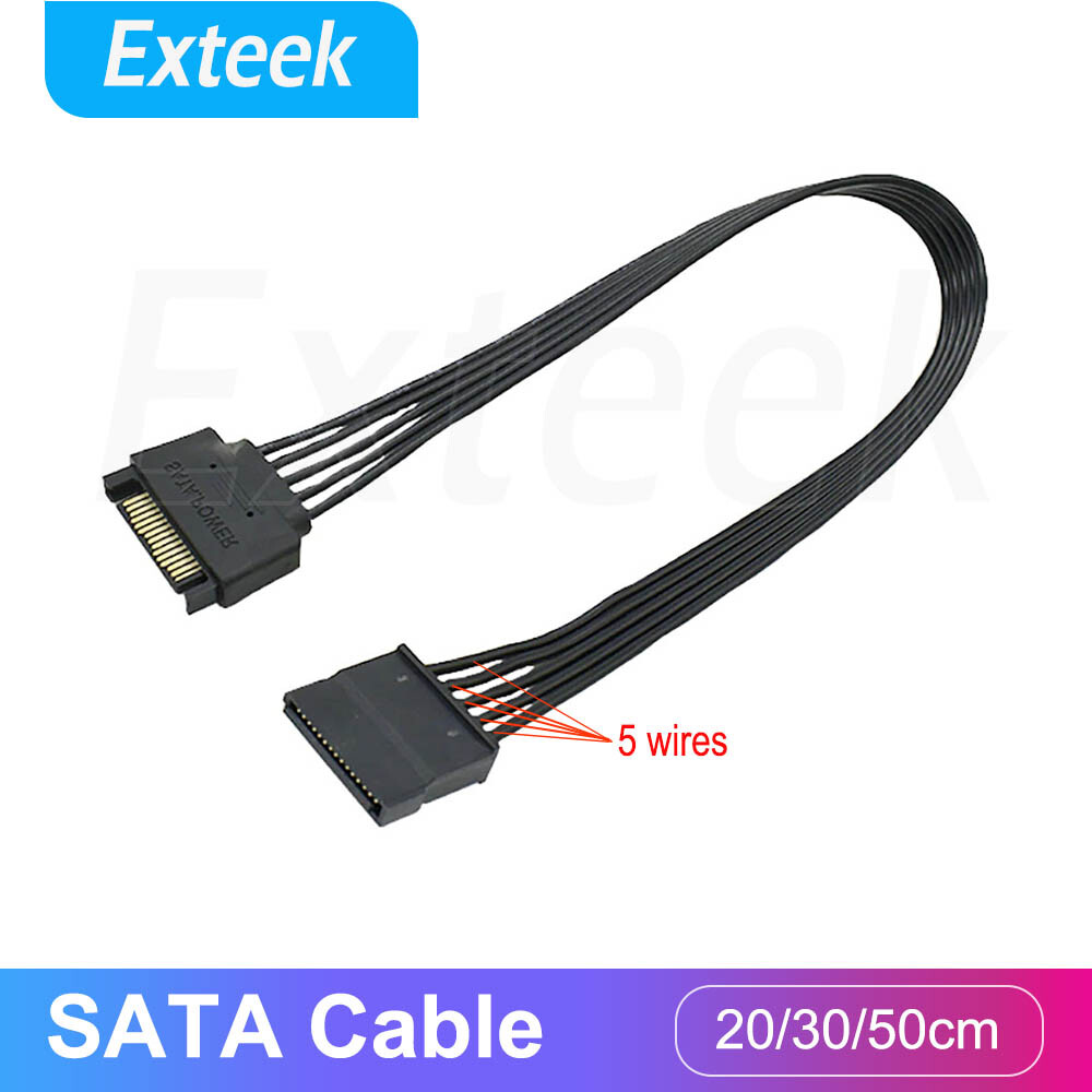SATA 15 Pin Power Extension Male to Female Cable 20cm 18 AWG SSD Black Universal
