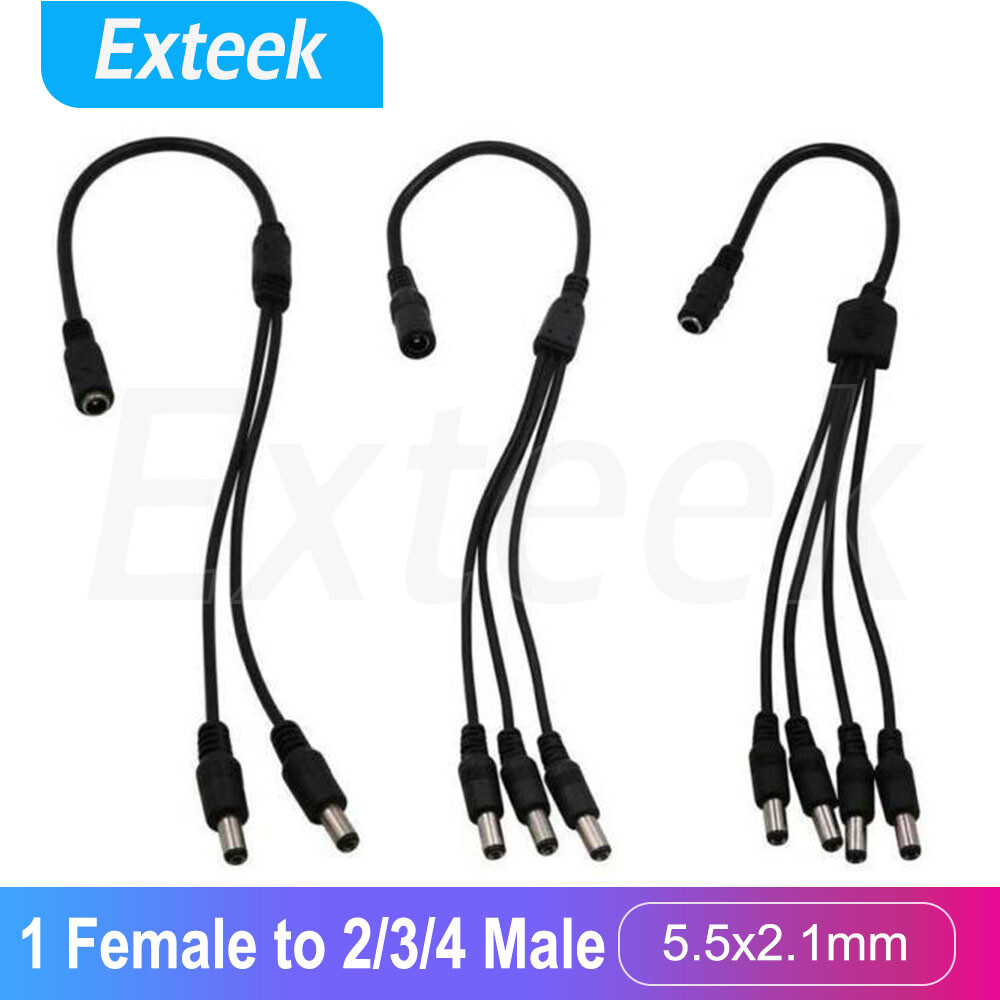 CCTV 12V DC Power Splitter Cable 1 Female to 2/3/4 Male 5.5x2.1mm Black Plastic