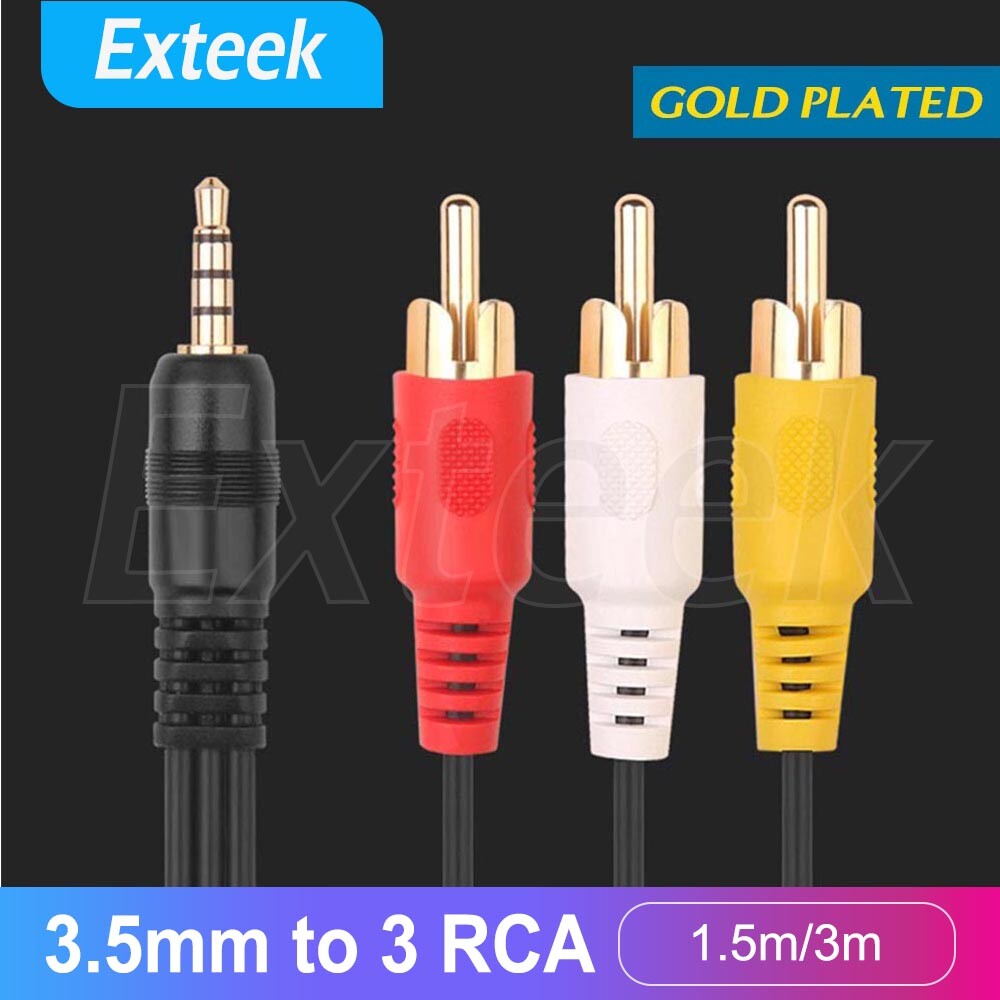 3.5mm AUX to 3 RCA Male Audio Video Cable 1.5m Gold Plated Black TV DVD HDTV AV