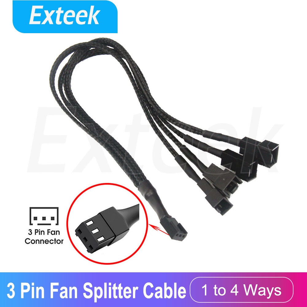 3 Pin Fan Splitter Cable 1 to 4 Ways Extension Power Black Universal 3 Fans