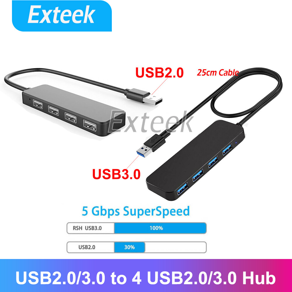 USB 2.0 4 Port Hub Splitter Portable Slim Compact Black Universal 25 cm