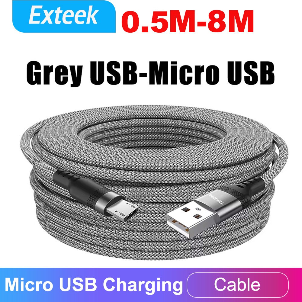 Micro USB to USB Type A 3A Braided Nylon Charging Cable Grey 0.5m-8m Android