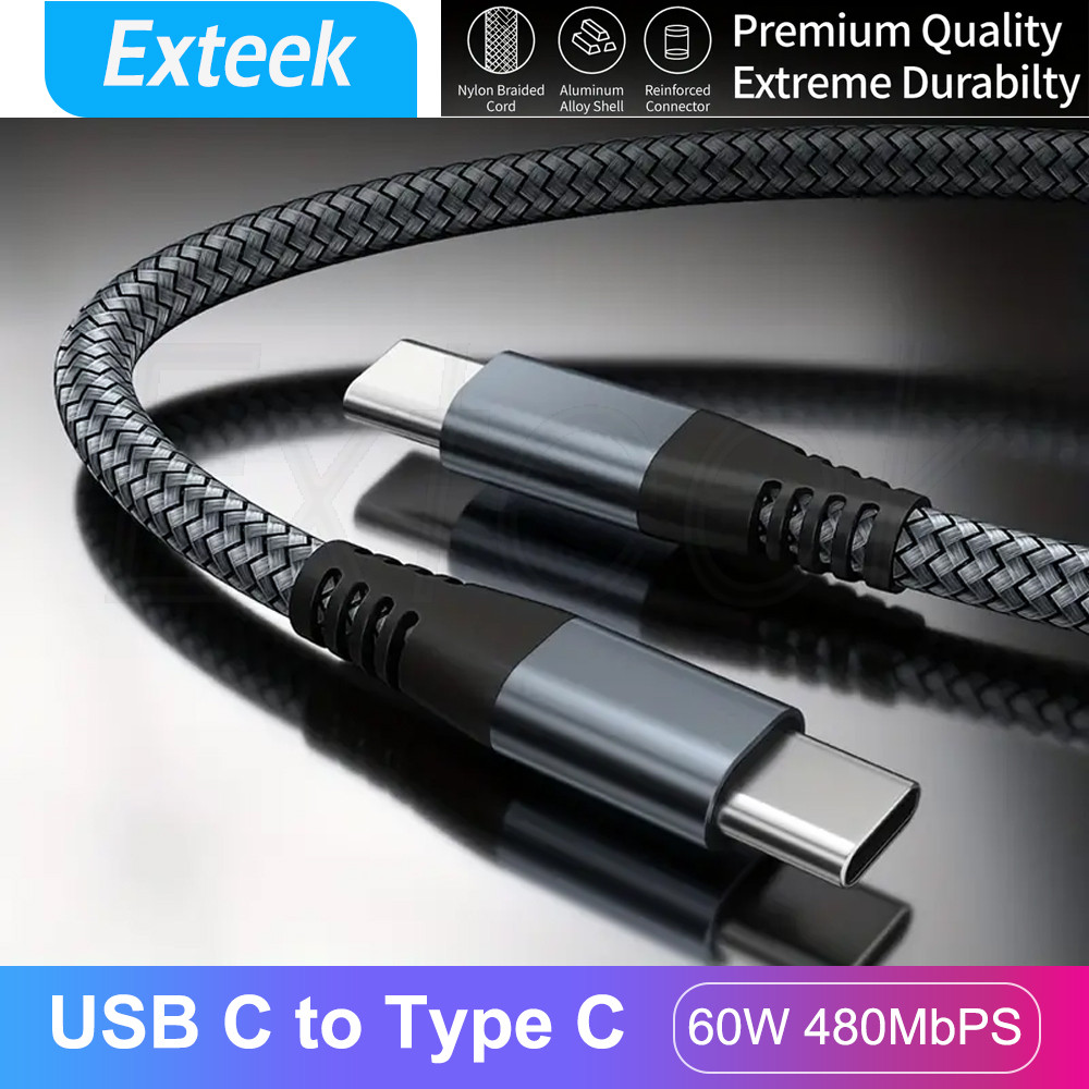 PD 60W USB Type-C to Type-C Charging Data Cable 1M Black Nylon Braided Universal
